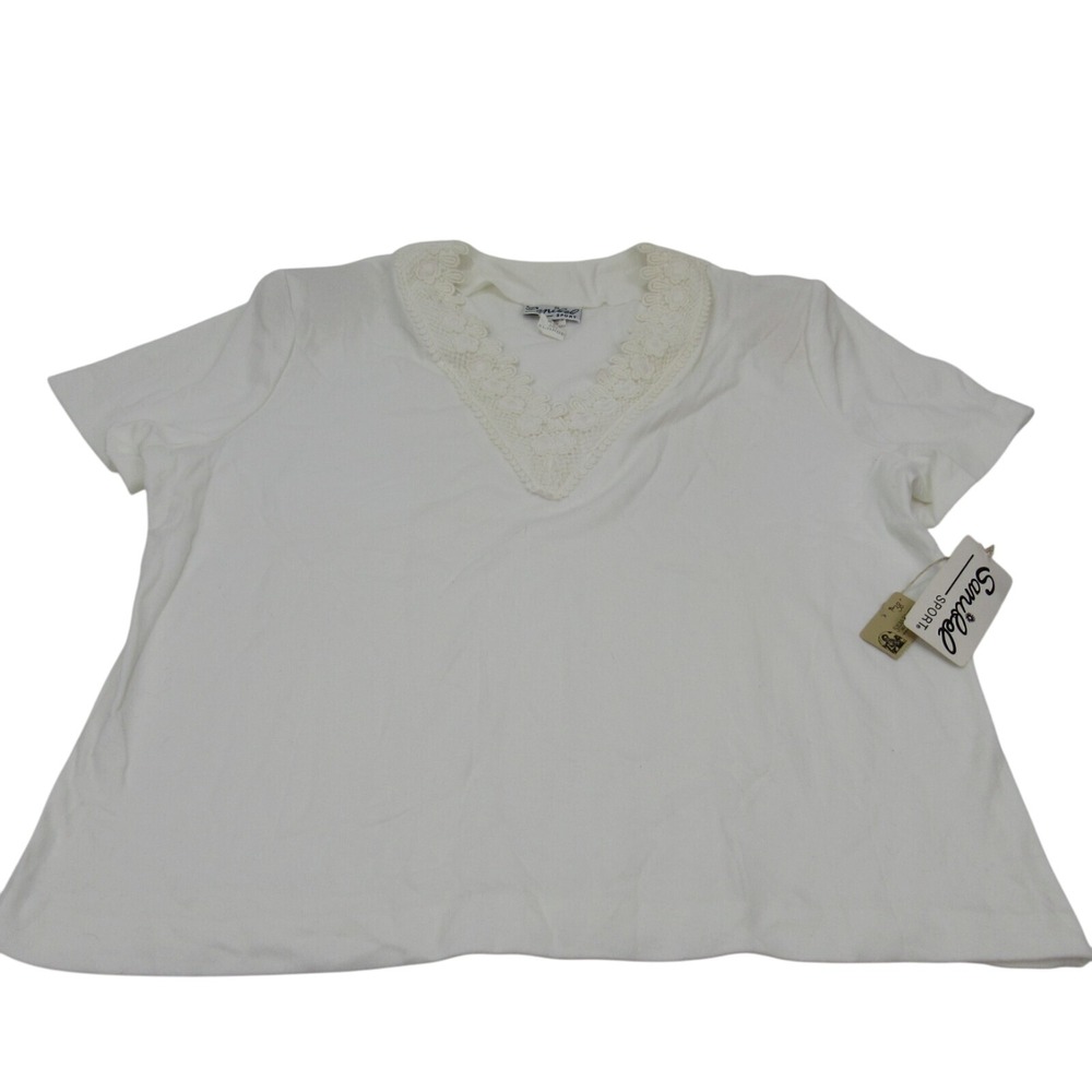 Sanibel‎ Sport White Lace Trim V Neck Short Sleeve T Shirt Top Womens XL